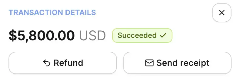 Transaction succeeded, $5,800.00 USD